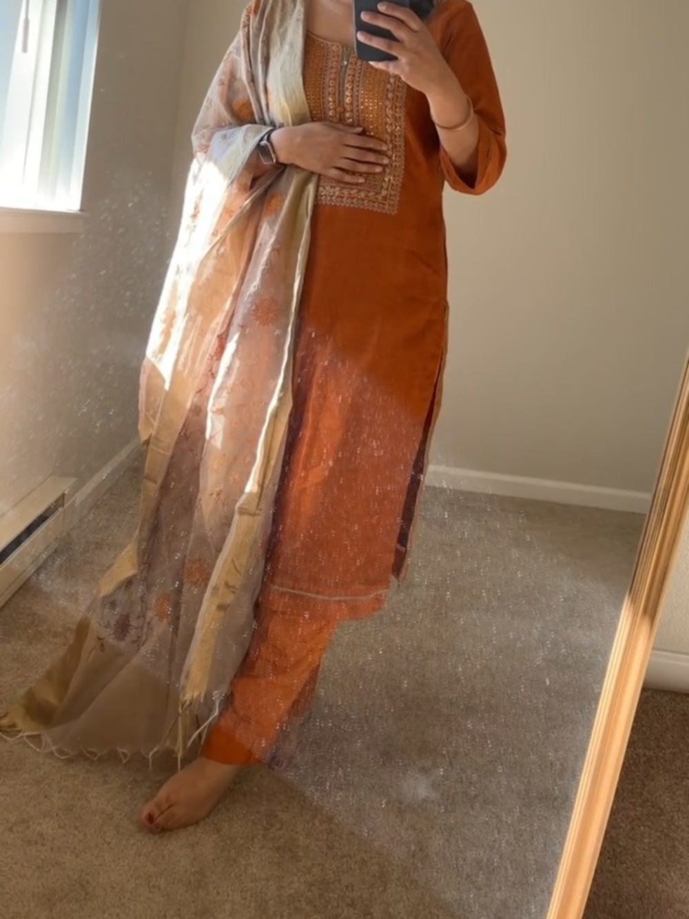 Rust Orange Embroidered Kurta Set Sheer Beige Dupatta 3 piece set Indian suit